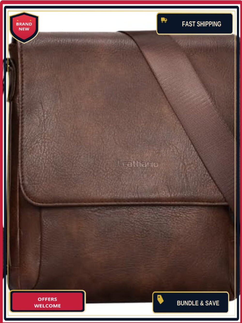 Men's Crossbody Bag Vegan Leather Messenger Adjustable Strap Tablet Work Travel